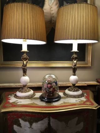 Antique Gilt Metal And Marble Italian Style Table Lamps,  Cherubs,  Putti