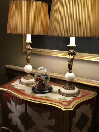 Antique Gilt Metal And Marble Italian Style Table Lamps,  Cherubs,  Putti 2