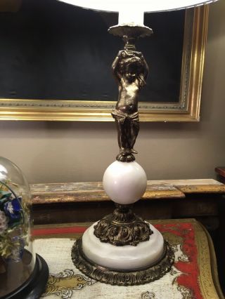 Antique Gilt Metal And Marble Italian Style Table Lamps,  Cherubs,  Putti 3