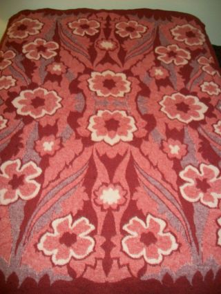 100 Wool Blanket Vtg Floral Red Burgundy Reversible 81x62 Felted Thick Heavy