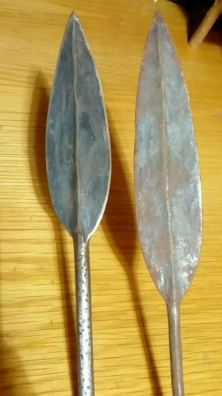 Pair Antique African Fighting Spears.  Double Ended With Carved Shafts