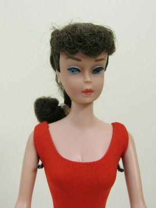 Vtg 1960s Barbie Doll Brunette Pony Tail W/ Stand And Booklet Red Bathing Suit