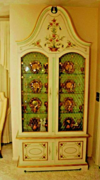 Vintage John Widdicomb Green Paint Decorated French Style Curio China Cabinet
