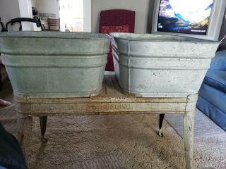 Vintage Double Wash Tubs On Stand Wheeling Galvanized Washtubs