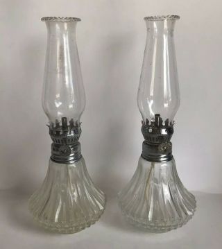 2 Antique Lamp Light Farms 9 " Diamond Cut Clear Glass Oil Lamps Made In Austria