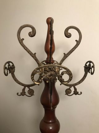Antique Hard Wood and Brass Hat and Coat Stand With Decorative Base,  Unusual 2