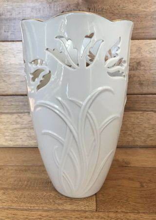 Lenox Porcelain Ivory Vase With Gold Trim And Cut Outs 9 1/2 " Tall