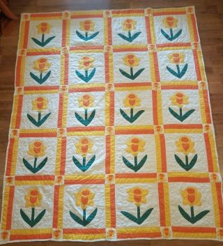 Vintage Buttercup Applique Hand Stitched Quilt Full Size 69 X 84 Flower Garden