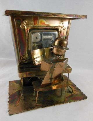 Vintage Wind Up Music Box Metal Copper Art Sculpture Man Piano Player Toyland