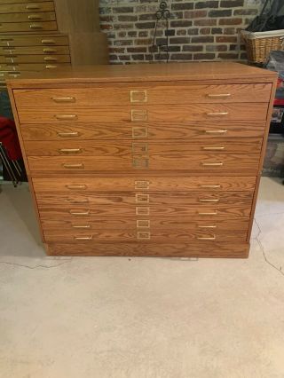 2 X Vintage Large 46.  5 " W X33 Dx 18 Includes Base 5 - Drawer Flat File Oak Cabinet