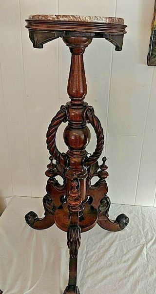 Fab Antique Walnut Marble Top Pedestal Plant Stand Display Table Candle Stand