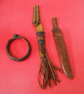 Two Good Old North African Tuareg Leather Knife Sheaths & Leather Arm Bangle Nr