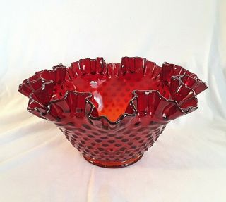 Fenton Ruby Red Amberina Hobnail Ruffled Edge Bowl Vintage Large Art Glass