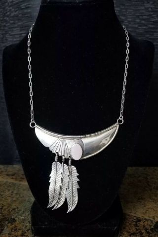 Vintage Native American Sterling Silver Necklace With Mop Silver Feathers Jwk