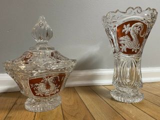 Hofbauer Vintage German Lead Crystal Rare Red Dragon Candy Dish And Vase