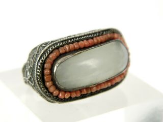 Vintage Old China White Jade & Coral 925 Sterling Silver Filigree Band Ring Sz.  6
