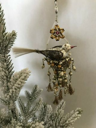 Vtg Antique Mercury Glass Bird On Nest W German Crinkle Wire Wings - Rare 1910