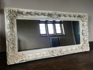 Large Antique White Ivory Shabby Chic French Ornate Overmantle Wall Mirror