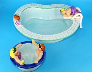 2 Pc Vintage 1995 Lotus Swimming Pool & Hot Tub Chip & Dip Set 14 " X 12 "