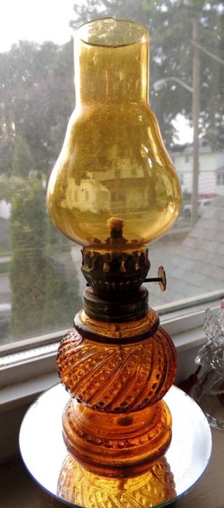 Vintage Amber Spiral Dot Miniature Oil Lamp Made In Hong Kong