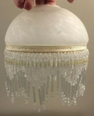 Vintage Frosted Glass Lamp Shade With Beaded Fringe