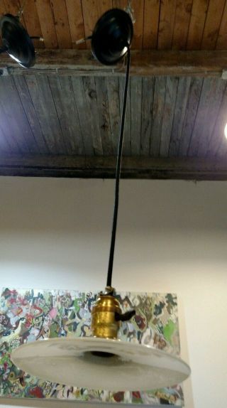 Reclaimed Vintage Industrial Hang Light W/ Flat Lamp Shade Milk Glass