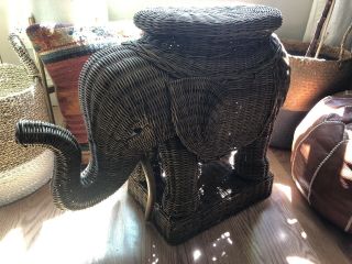 Vintage Brown Wicker Elephant Accent Table/Plant Stand 2