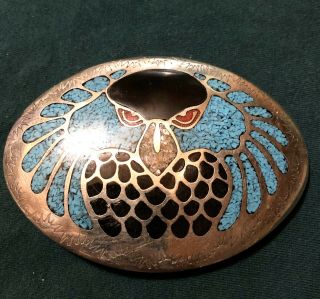 Vintage Native American Inlay Belt Buckle Owl Turquoise Coral L43