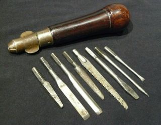 Antique 1884 Wood Handle Multi Tool W 8 Bits Inside 7 "