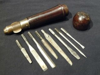 Antique 1884 Wood Handle Multi Tool w 8 Bits Inside 7 