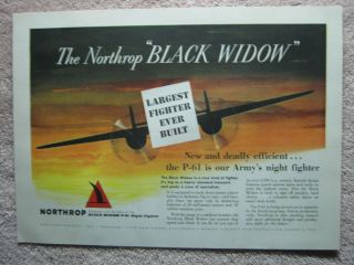 Vintage 1944 Wwii Northrop P - 61 Black Widow Army Night Fighter Aircraft Print Ad