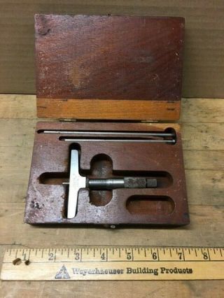 Vintage Lufkin No.  513 Micrometer Depth Gauge With Wood Case Machinist Tool Usa