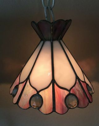 Vintage Small Tiffany Style Stained Glass Leaded Glass Hanging Light Lamp