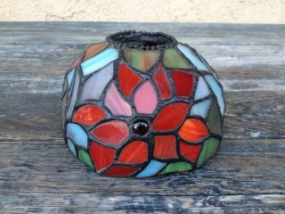 Small Tiffany Style Red Poinsettia Stained Leaded Slag Glass Lamp Shade