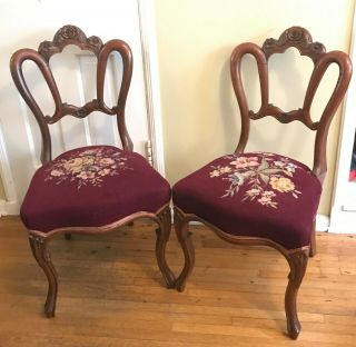 Pair Victorian Balloon Back Parlor Side Chairs Carved Wood Needlepoint Seat