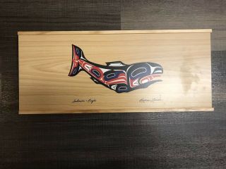 Large 18.  5” Northwest Tribal Art Wooden Box Salmon & Eagle By Roxana Leask