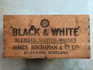 Vintage Black & White Blended Scotch Whisky Wood Crate Box W/lid James Buchanan