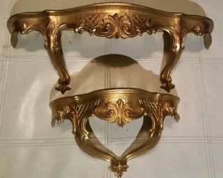 Vintage Ornate Gold Florentine Italy Hollywood Regency Wall Shelves Set 2 Sizes