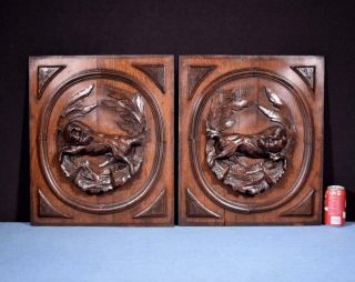 Antique French Hunting Style Carved Panels In Solid Oak Wood W/dogs