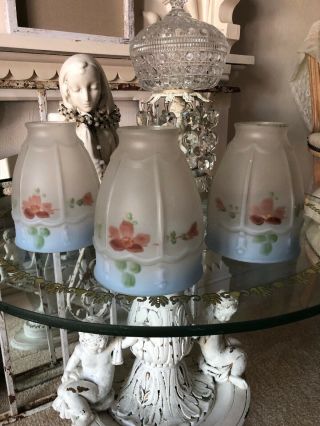 3 Antique Victorian Frosted Glass Reverse Hand Painted Embossed Globe Shade