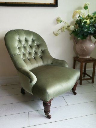 Victorian Slipper Chair Button Back Bedroom Chair Nursing Chair Green Castors