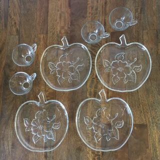 8 Pc Vintage Hazel Atlas Apple Blossom Glass Snack Trays Plates And Cups (cl21)