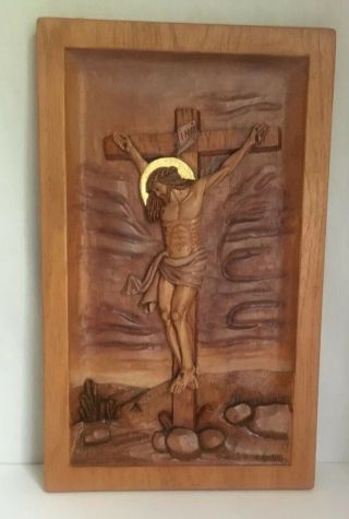 Vintage Wood Carving Plague Jesus On The Cross