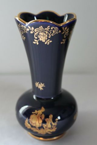 Vintage Limoges Porcelain Cobalt Blue & Gold 6 " Tall Vase Ruffled Top Love Scene