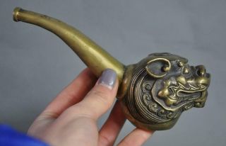Old Chinese Bronze Fengshui Foo Dog Lion Head Tobacco Bag Pipe Smoking Tools