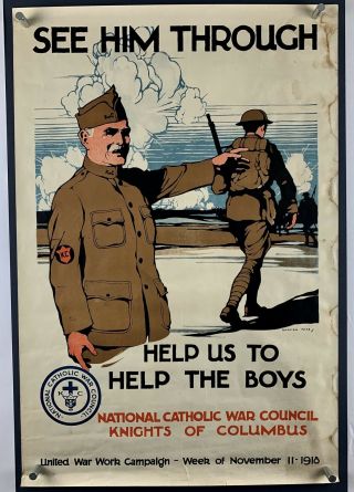 Catholic Knights Of Columbus World War 1 Poster (vg) 1918 20x30 Wwi 05