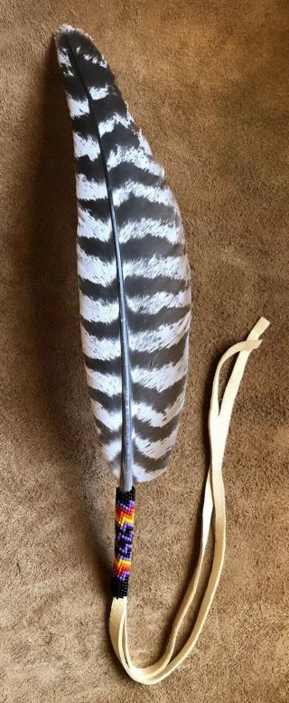 One Neat Colored Native American Lakota Sioux Beaded Turkey Wing Feather