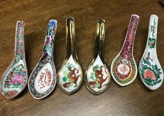 Vintage Set Of 6 Chinese Porcelain Soup Rice Spoons Different Designs