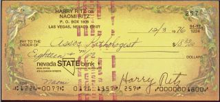 Harry Ritz The Ritz Brothers Bank Check Signed Autographed W/coa