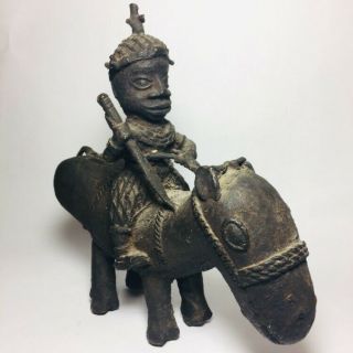 Fine African Art Brass Mounted Warrior Soldier Hunter And Animal Nigeria Benin